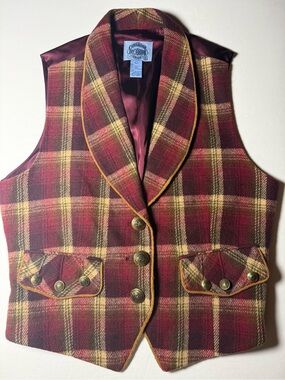 Vintage Cambridge Dry Goods Plaid Wool Blend Vest Burgundy Tan Western Large